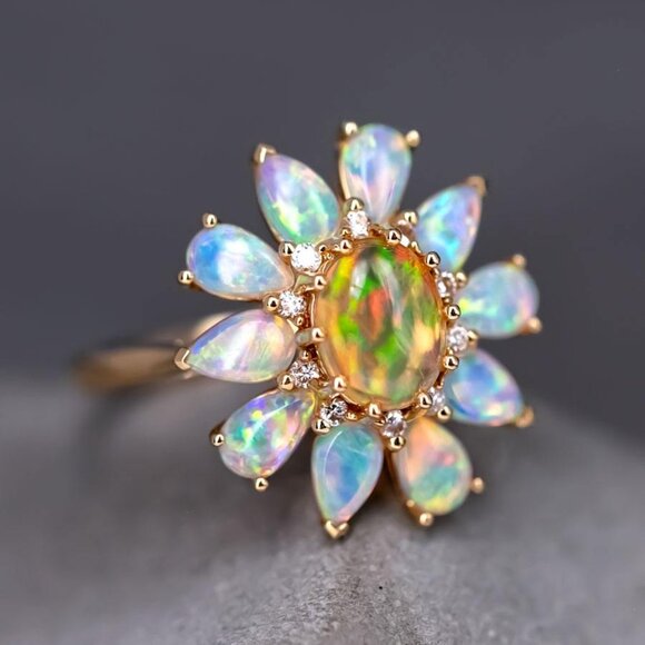 Golden Dahlia – Fire Opal & Australian Opal Floral Diamond Engagement Ring - Picture 1 of 6